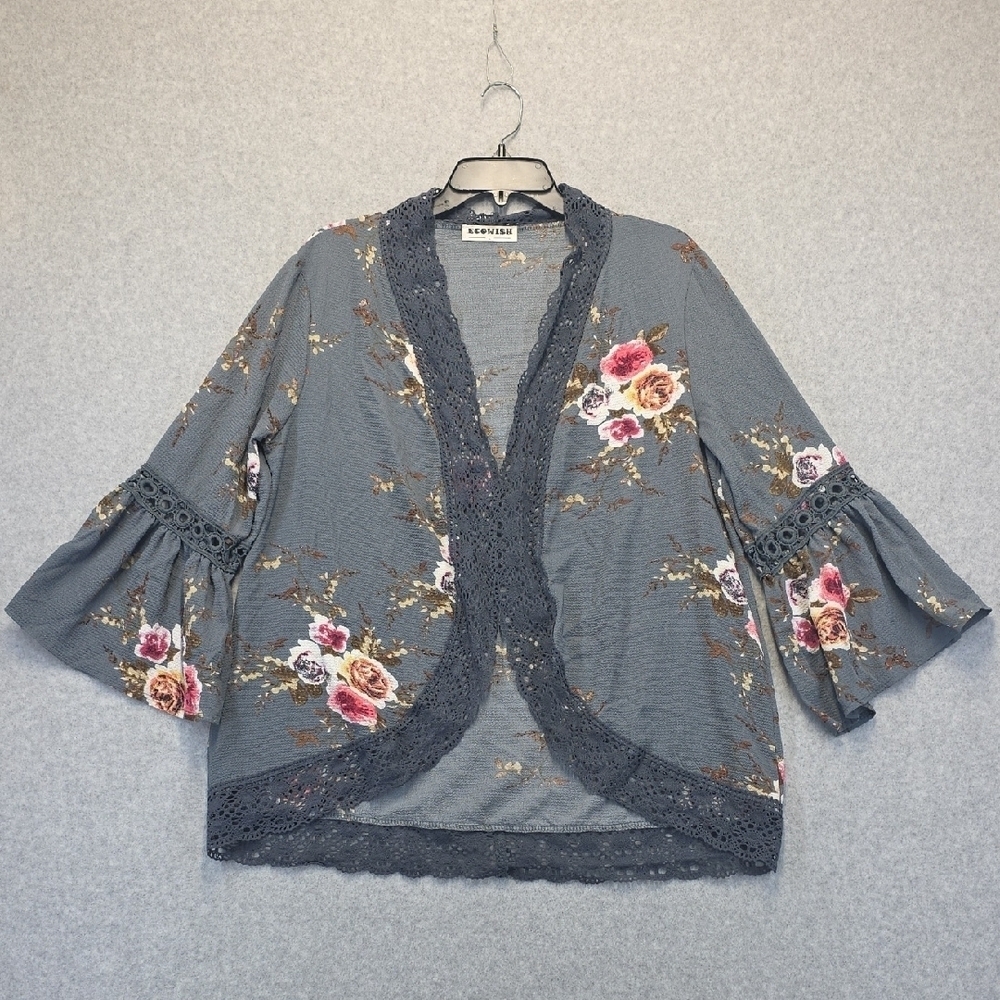 Gray Floral Cardigan with Lace Trim